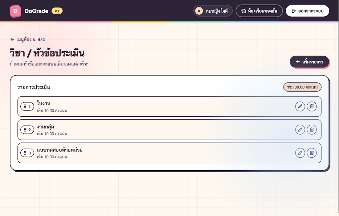 รายการหัวข้อประเมิน 6-8 รายการ มี drag handle, category badge, คะแนนเต็มรวมด้านบน