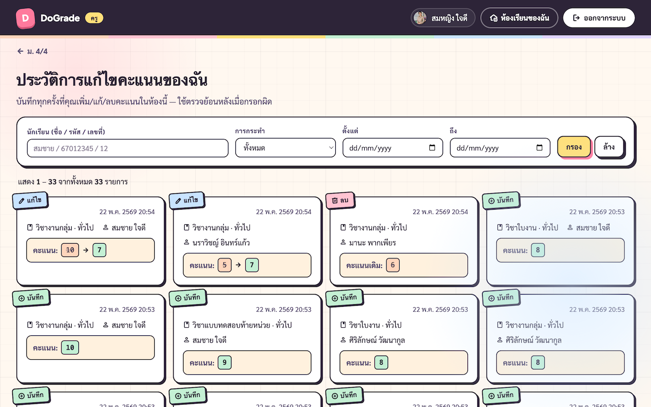 หน้า /dashboard/teacher/<id>/audit เต็มหน้า — header + filter bar + กริดการ์ด 4 คอลัมน์