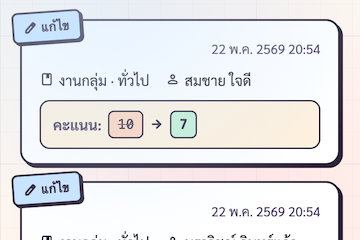 การ์ด audit row ของ action 'update' — ribbon ฟ้า 'แก้ไข' + diff '<old peach ขีดฆ่า> → <new mint>'
