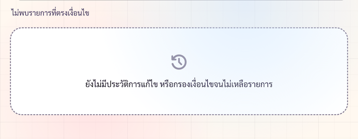 หน้า audit ตอนกรองจนไม่เหลือผล — กล่อง dashed + ไอคอน history + ข้อความ 'ยังไม่มีประวัติ...'